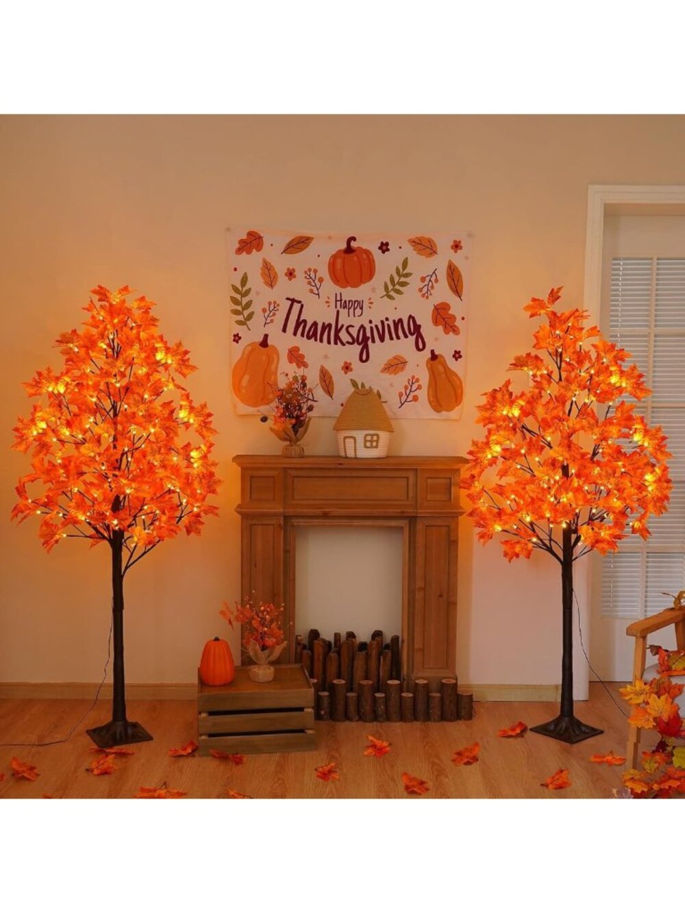 2 Pack 5FT Lighted Maple Trees with 96 LED & Timer - Fall Decor for